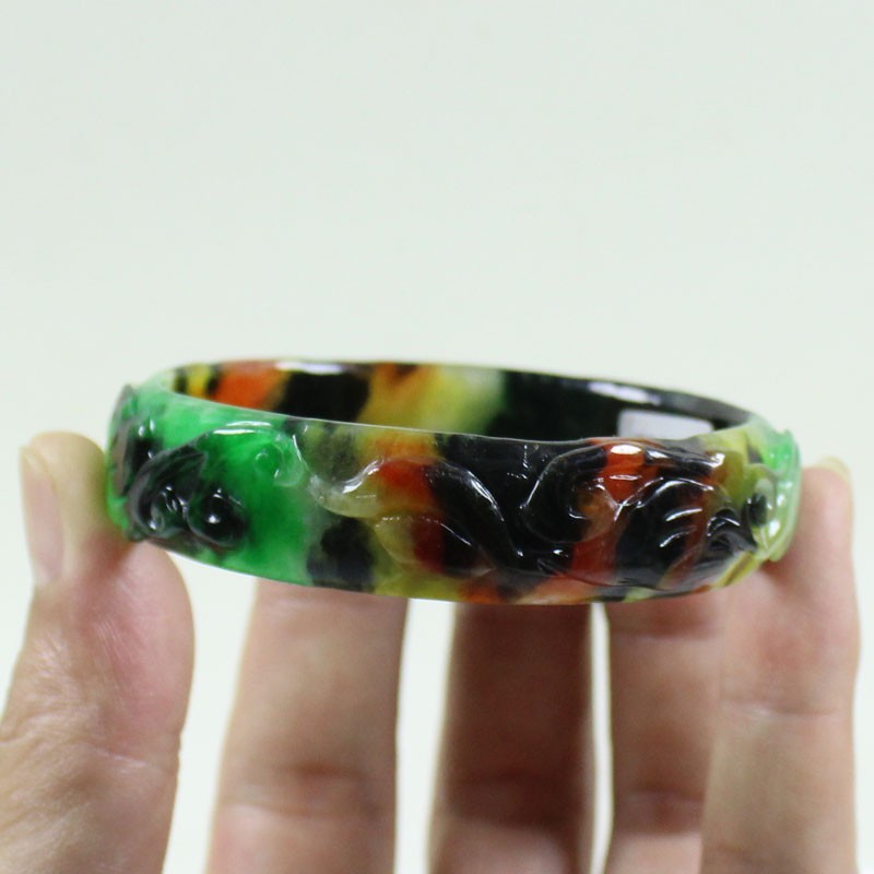 61mm Real Natural Ice Multicolor Burmese Jade jadeite Carving Bracelet Bangle