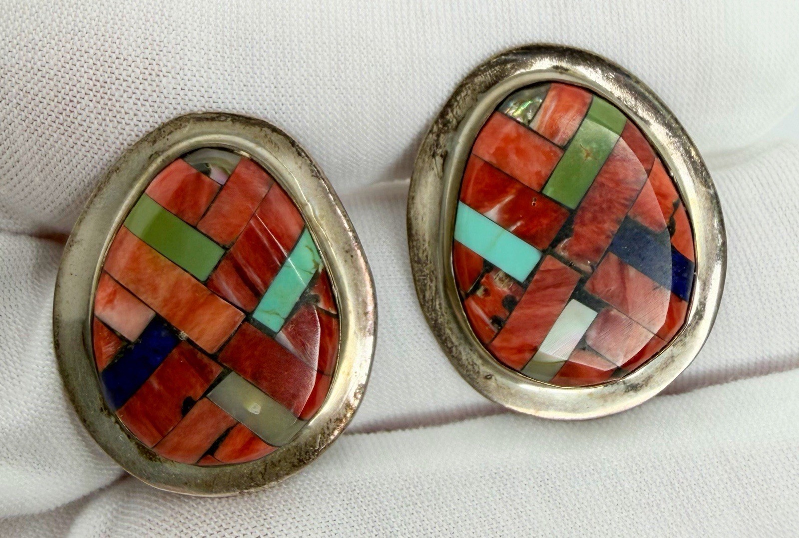 Zuni JLR Joe Lovato Rean Turquoise Earrings Silver inlay MOP Red Coral Lapis