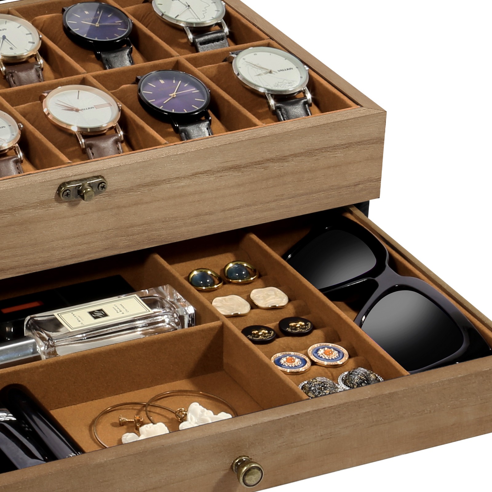 12 Slot Solid Wood Watch Box Clear Glass Top, Men’s Jewelry Display Storage Case