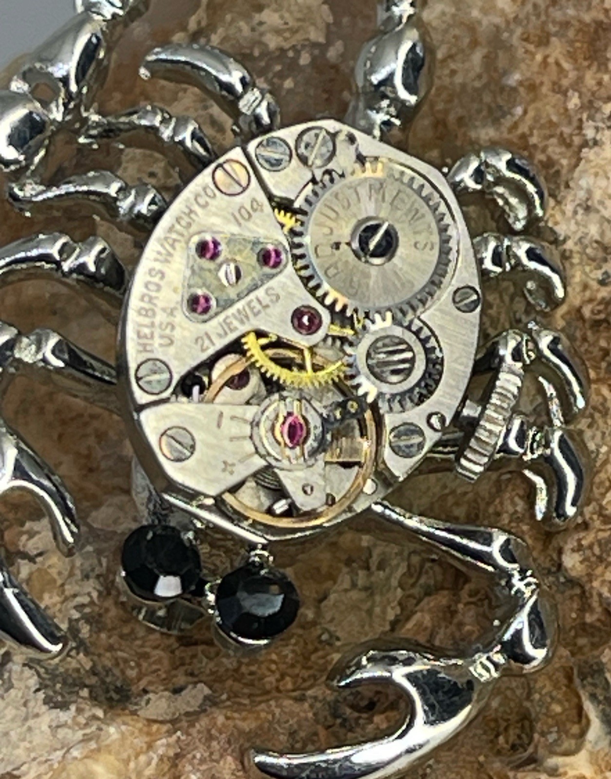 Steampunk Vintage Helbros Miniature Gears & Jewels Scorpion Brooch Pin. 138-b