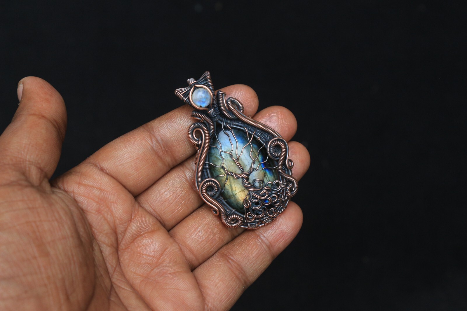 Yellow Fire Labradorite Copper Wire Wrap Tree Of Life Pendant Jewelry Gift NK547