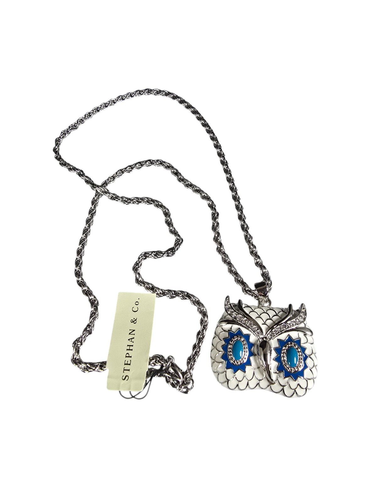 Stephan & Co Women’s Silver Plated White, Blue Rhinestone Owl Pendant Necklace