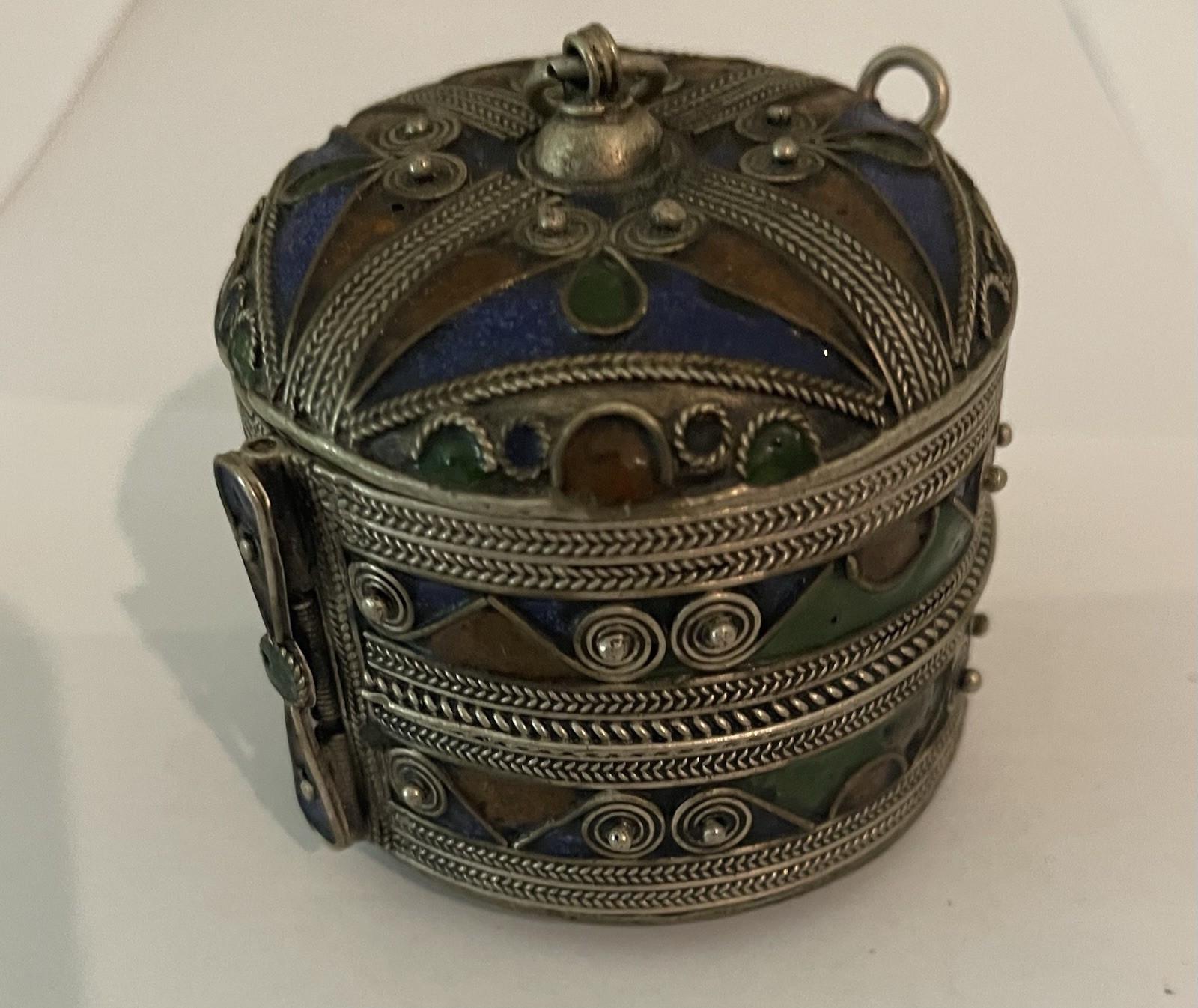 Antique Handcrafted Blue-Brown-Green Enamel Moroccan Berber Bracelet Jewelry Box