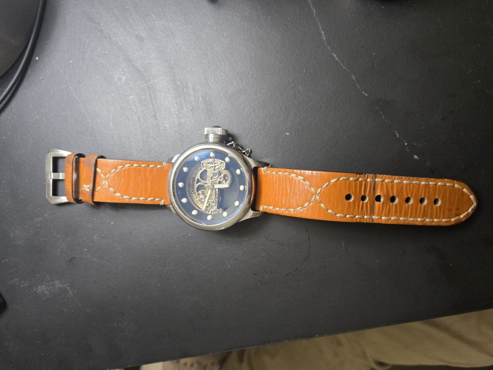 Invicta Russian Diver 52mm Automatic Skeleton Blue Dial 100m Leather Strap