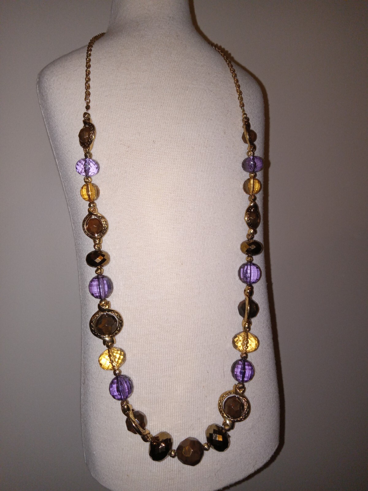 Multicolor Glass Bead Necklace 38″ Long Purple Amber Brown Gold Tone Chain Wrap