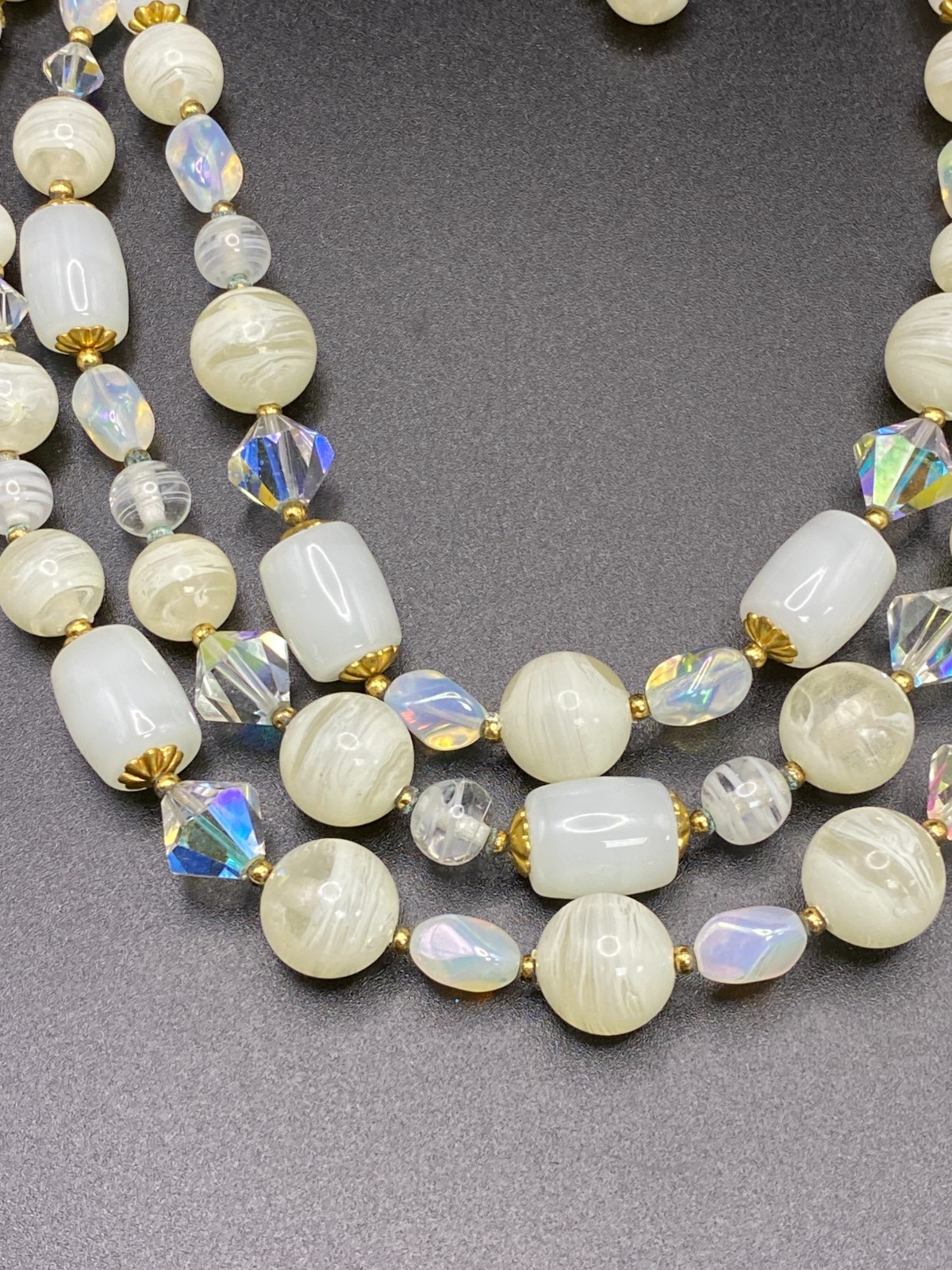 Vintage JAPAN 3-Strand Crystal & Opaline Art Glass Beaded Necklace!