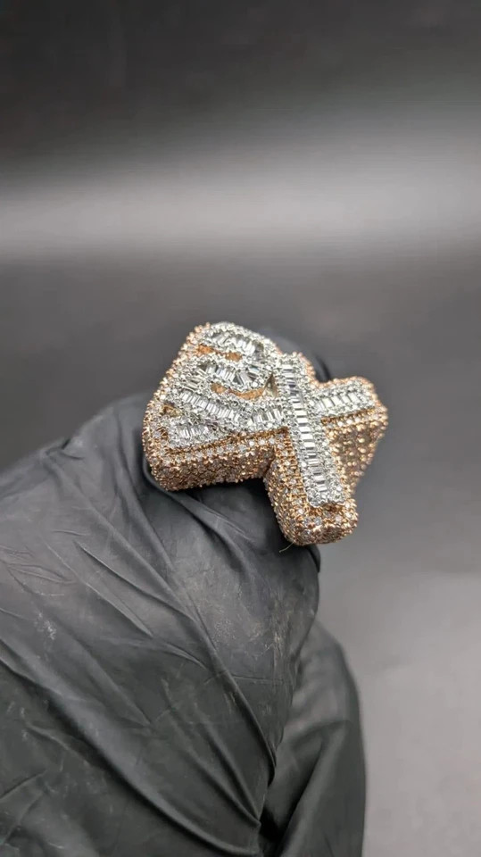 Custom Iced Out 2X Round Lab Created Diamond Number Ring 14K Rose Gold Plated