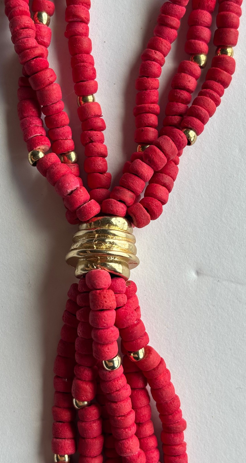 CHICO’S Statement Necklace Wood beads Blood Orange & Matte Gold Y-Drop Style