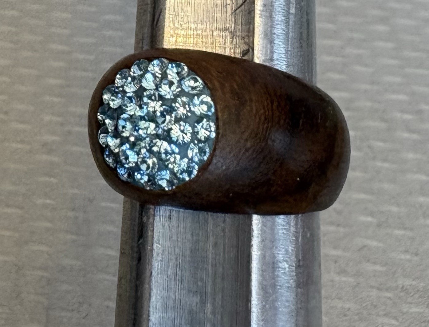 Walnut Wood Ring Aqua Swarovski Crystal Pave Set Dome size 7.25