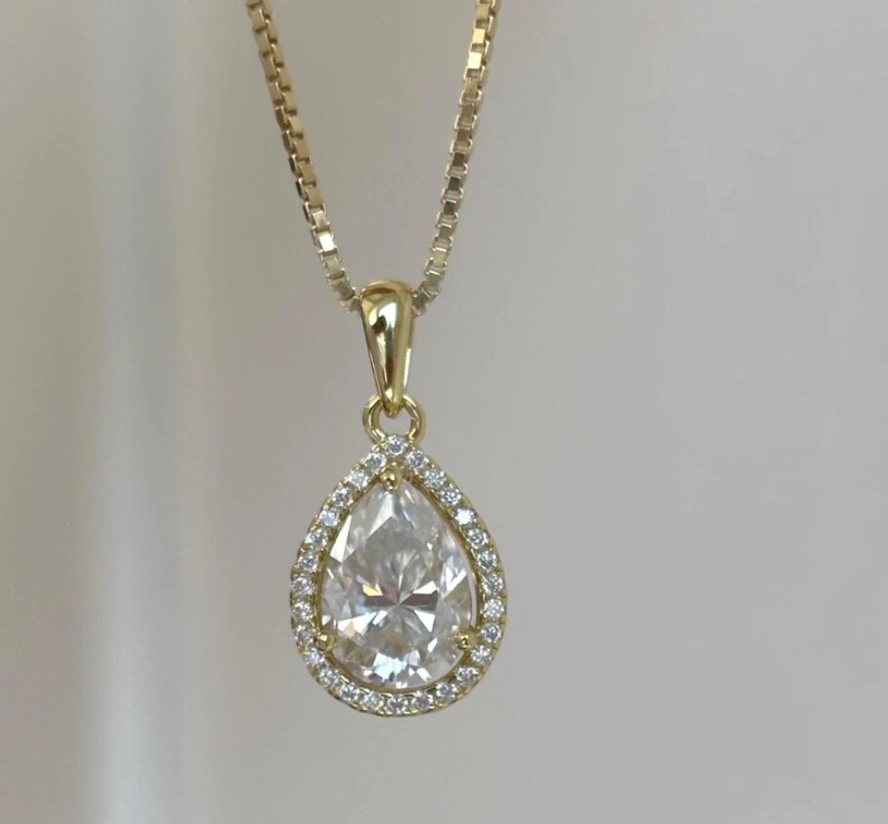 2.5Ct Pear Lab Created Diamond Halo 14K Yellow Gold FN Women’s Wedding Pendant