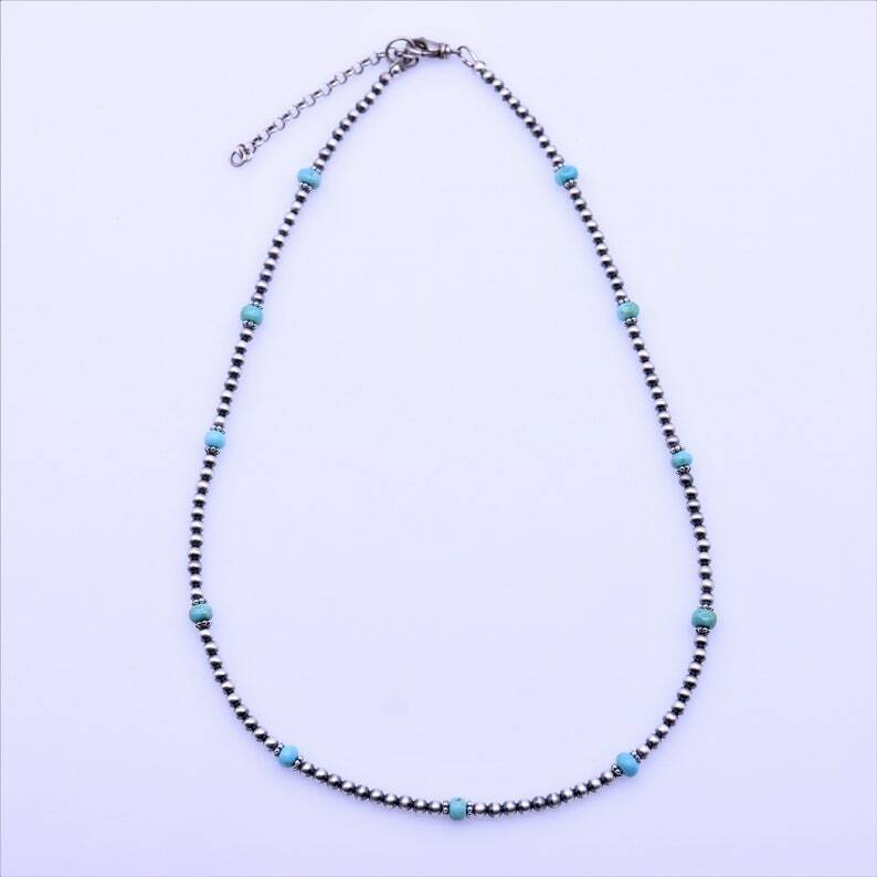 Blue Genuine Kingman 4mm Turquoise and Navajo Pearl Beaded Gemstone Necklace