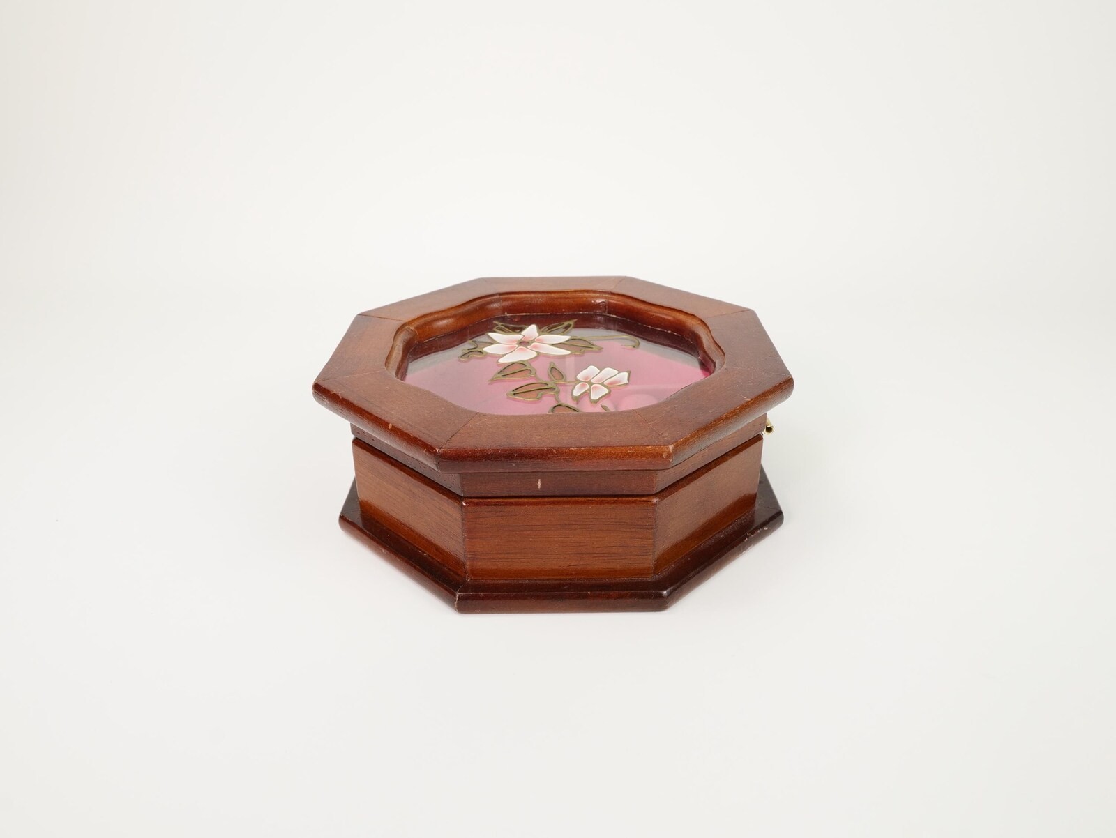Vintage Octagonal Wood Jewelry Box with Floral Glass Top and Pink Velvet Lining