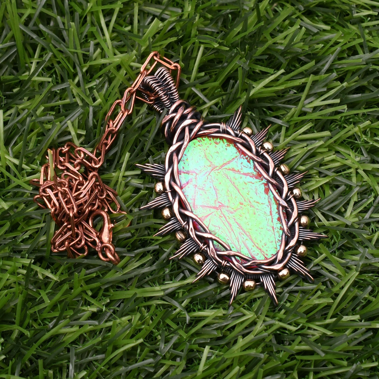 Triplet Fire Opal Gemstone Copper Wire Wrap Handmade Jewelry Pendant 2.28″