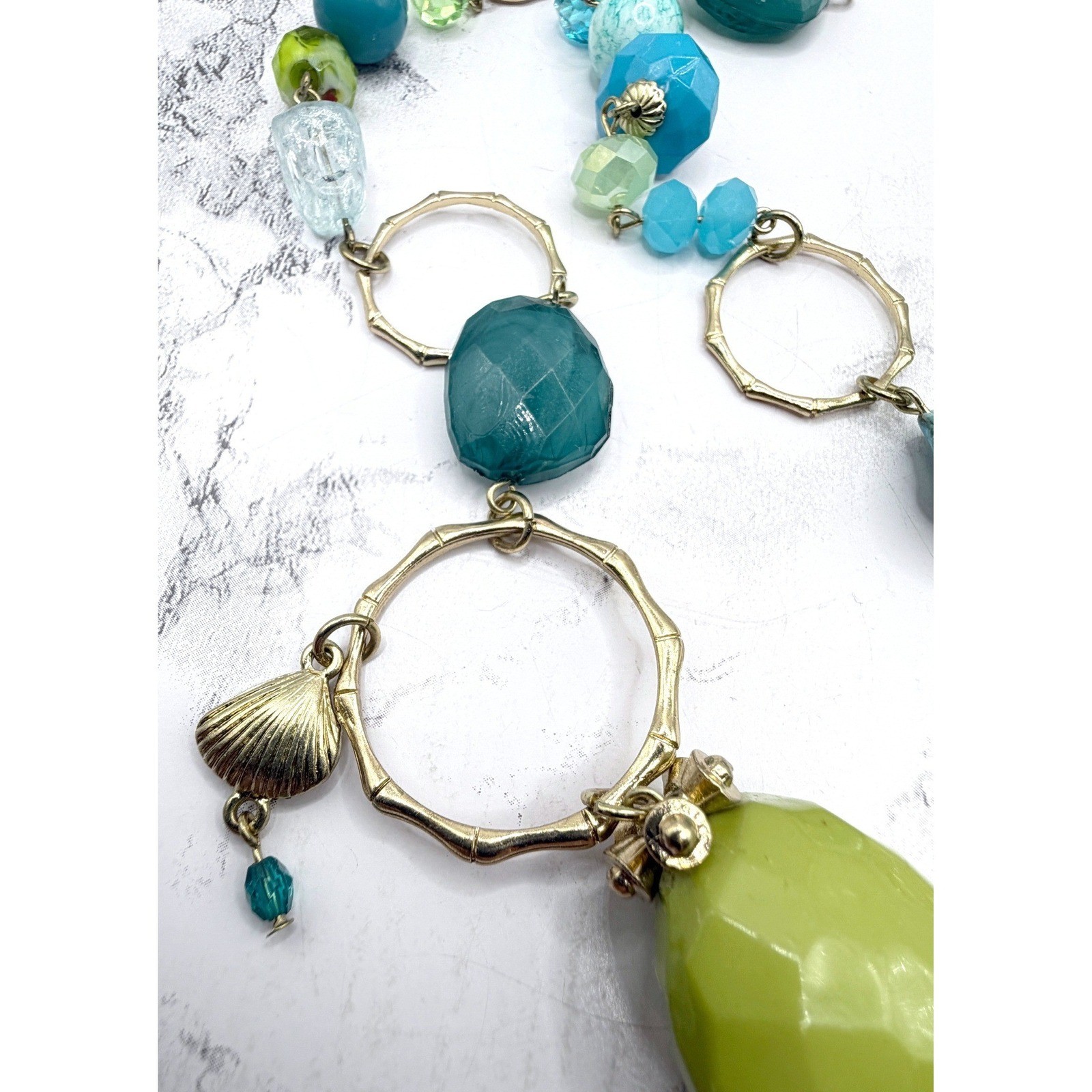 Chico’s Boho Chunky Beaded Statement Necklace Aqua Lime Gold 40″