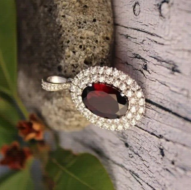 2Ct Oval Cut Simulated Garnet Halo Women’s Charm Pendant 14k White Gold Plated