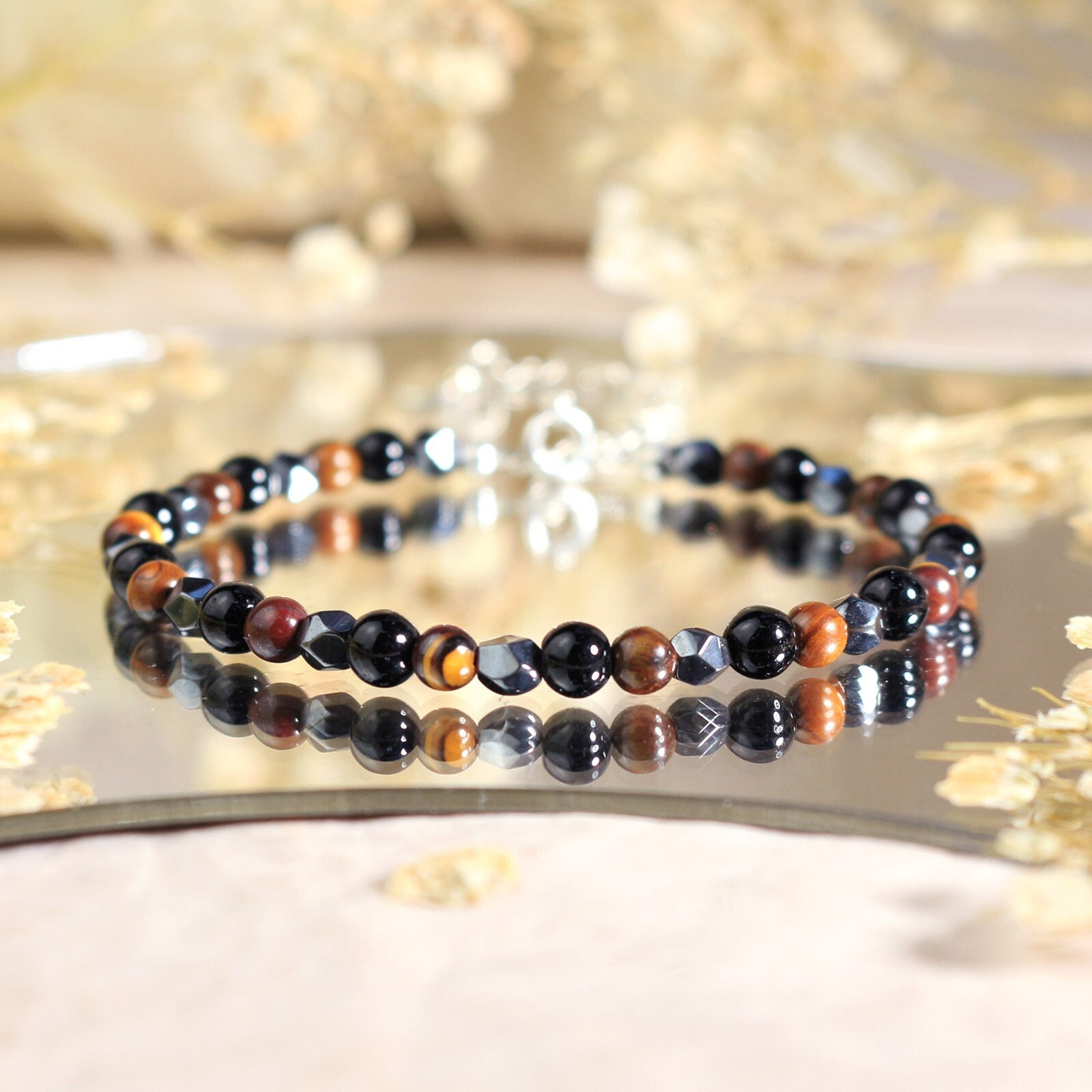 Triple Protection Obsidian Hematite Tiger Eye Beads Healing Minimalist Bracelet