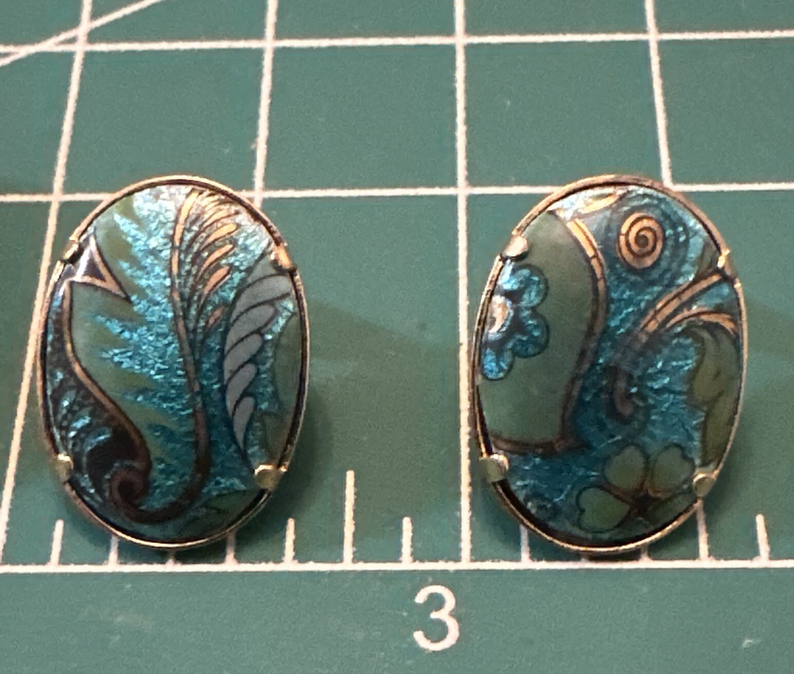 VINTAGE JEWELRY BROOCH EARRINGS SET ai MIDAS SPAIN BLUE ENAMEL TROMBONE CLASP
