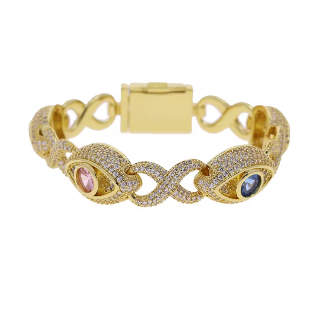3CT Lab Created Diamond Pink Blue Paved Evil Eye Link Infinite Chain Bracelet