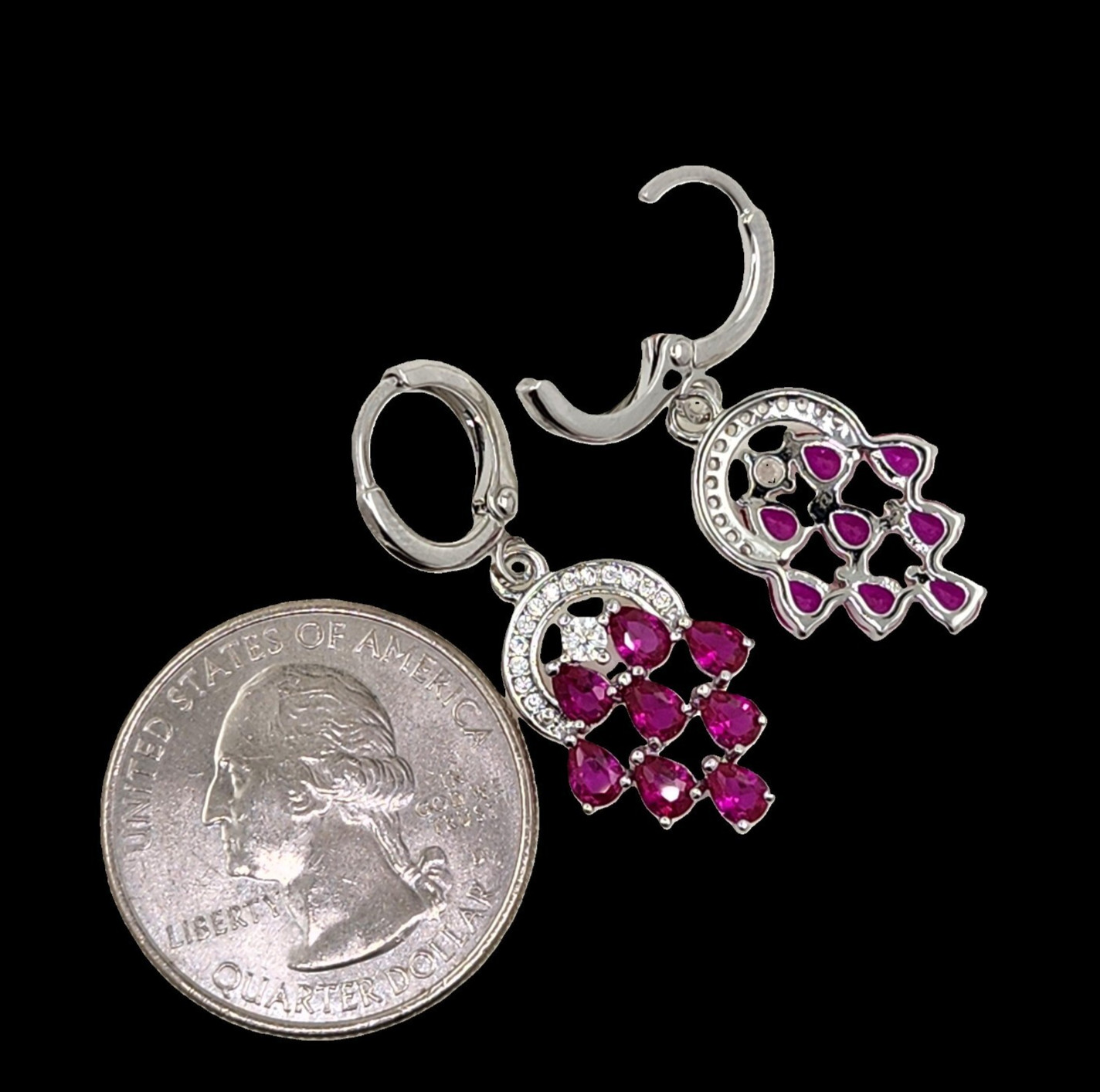 14k White Gold Plated 3x4mm Pear Treatment Ruby 1.3” Earrings Gemstone