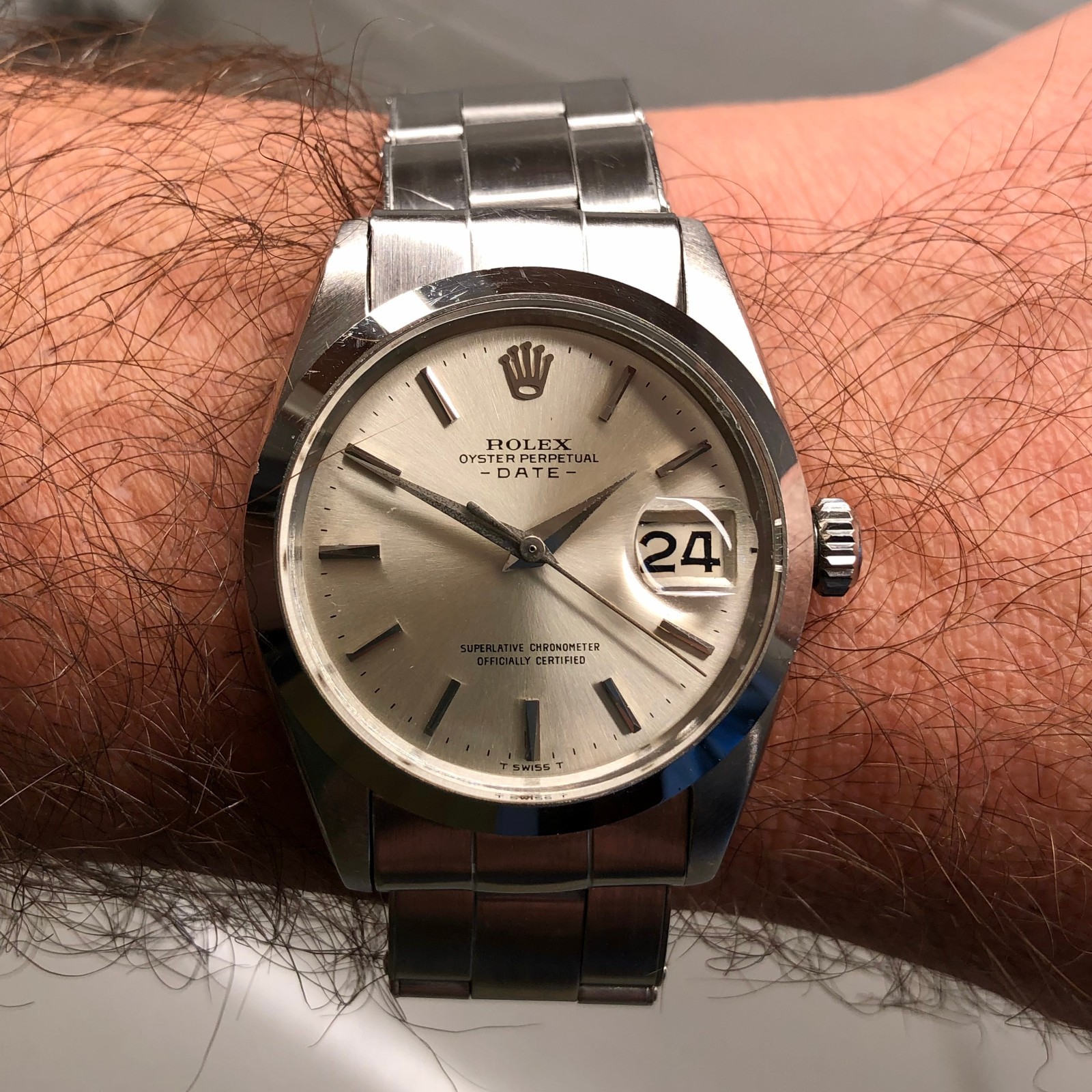 Rolex Date 1500 Oyster Perpetual Silver Arrow Steel Automatic Wristwatch