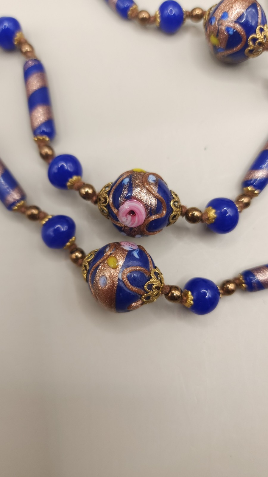 Vintage Murano Glass Wedding Cake Bead Necklace Earrings Set Cobalt Venetian