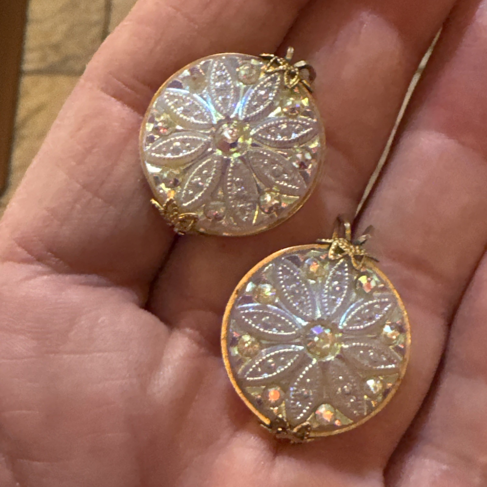 Vntg Pair 50s Flower Earrings SPARKLY A/B RS & Pearl White Art Glass Gold Filled