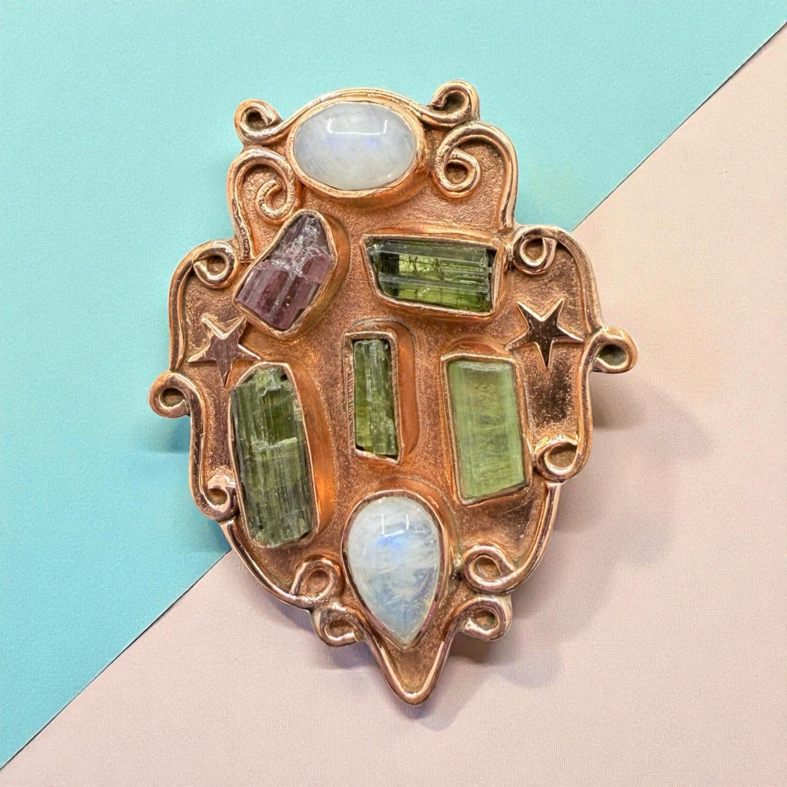 Pink Green Tourmaline Moonstone Wide Band Copper Ring Size 8 Handmade Artisan