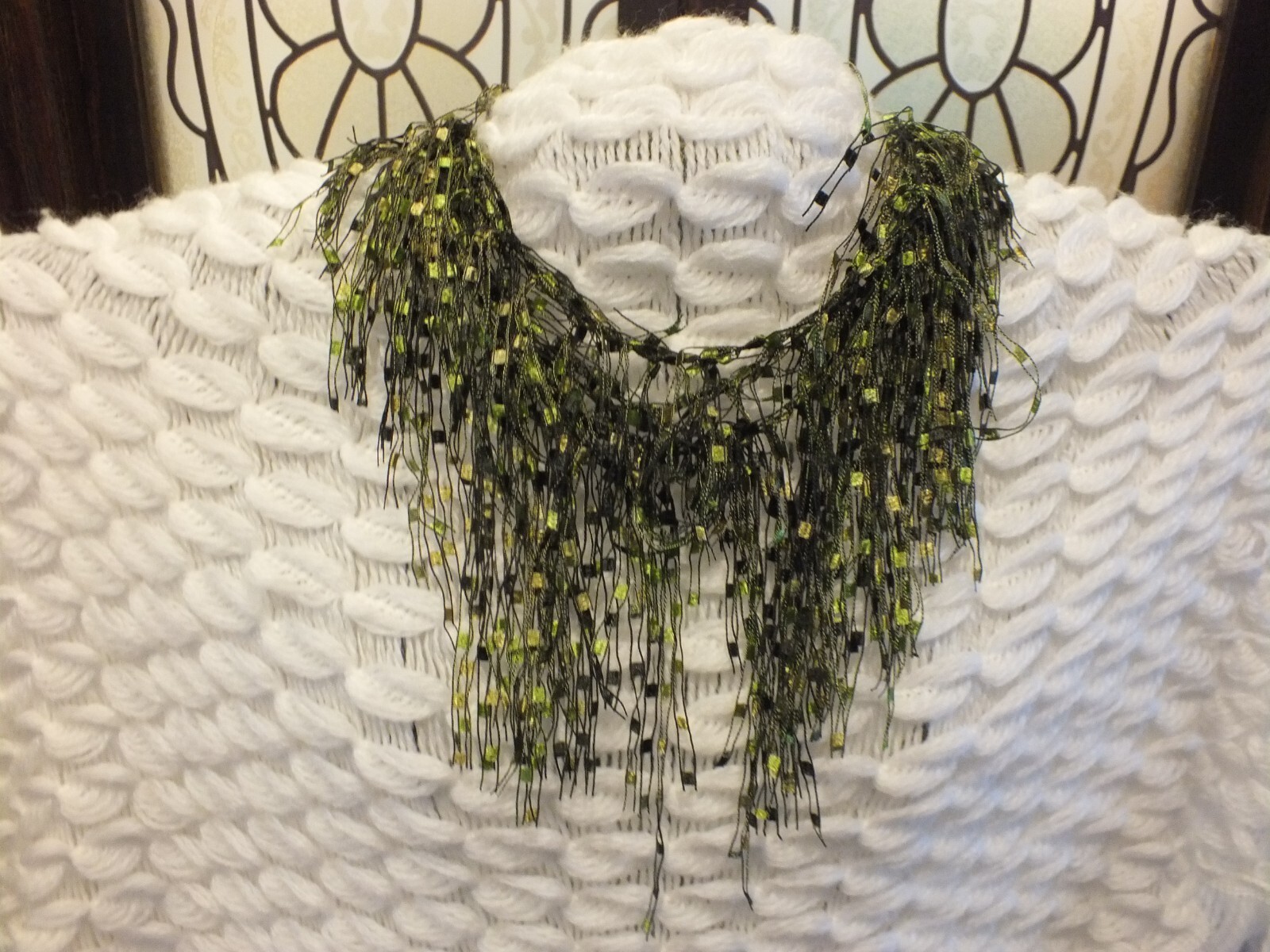 Beautiful Crocheted Statement Necklace Fringe Olive Green Black Shown Dbled Trpl