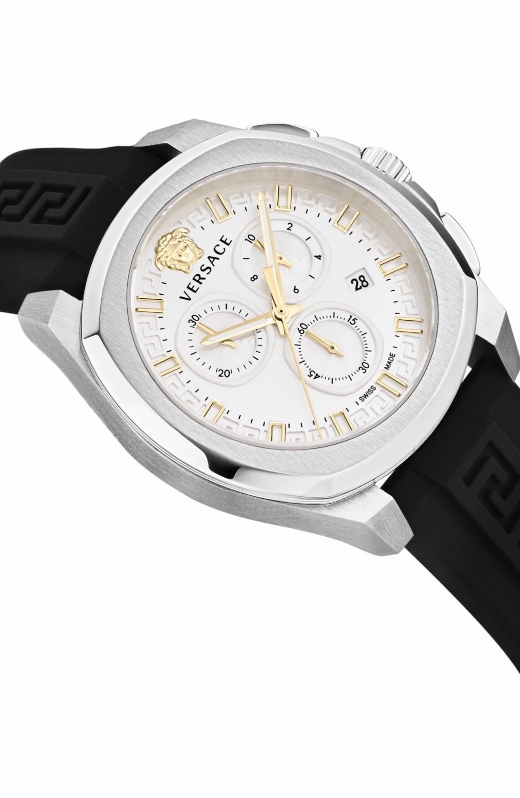 Versace V-Chrono Men’s Quartz Chronograph Date Silver Dial Black Rubber Strap
