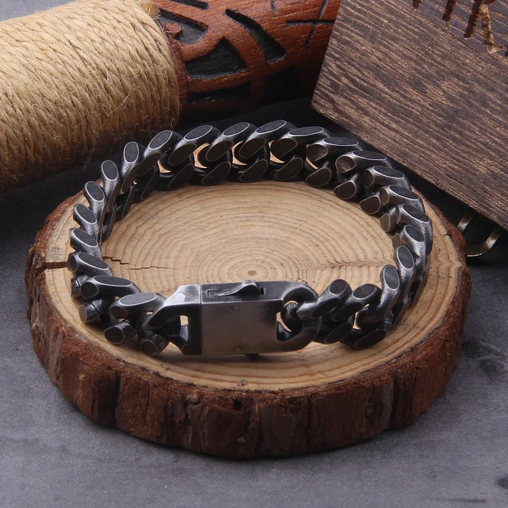 Vintage Black Stainless Steel Cuban Link Bracelet Men Hip Hop Gift Box
