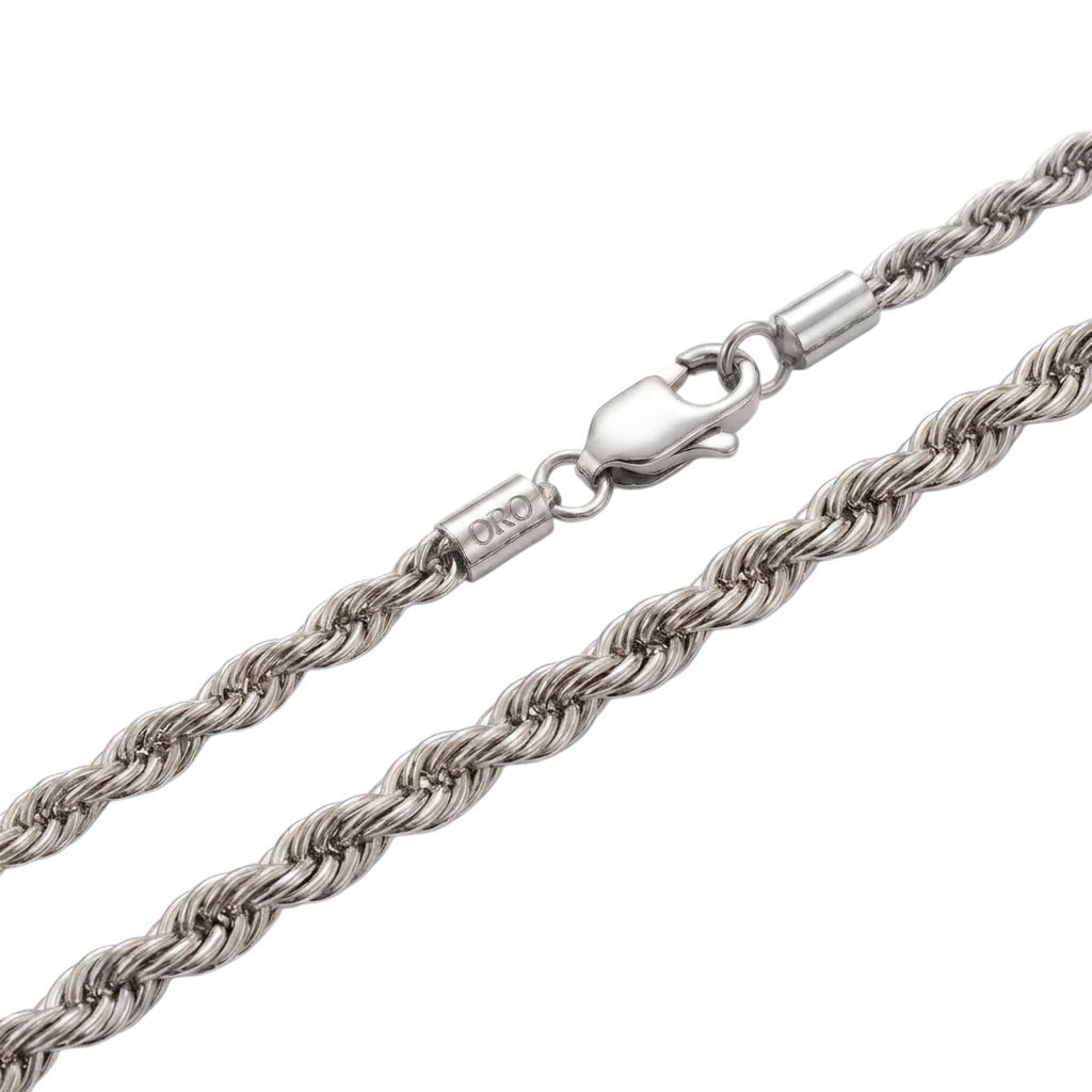 5mm Rhodium Plated Stainless Steel Rope Chain Necklace Men Women 16-30″ Italian