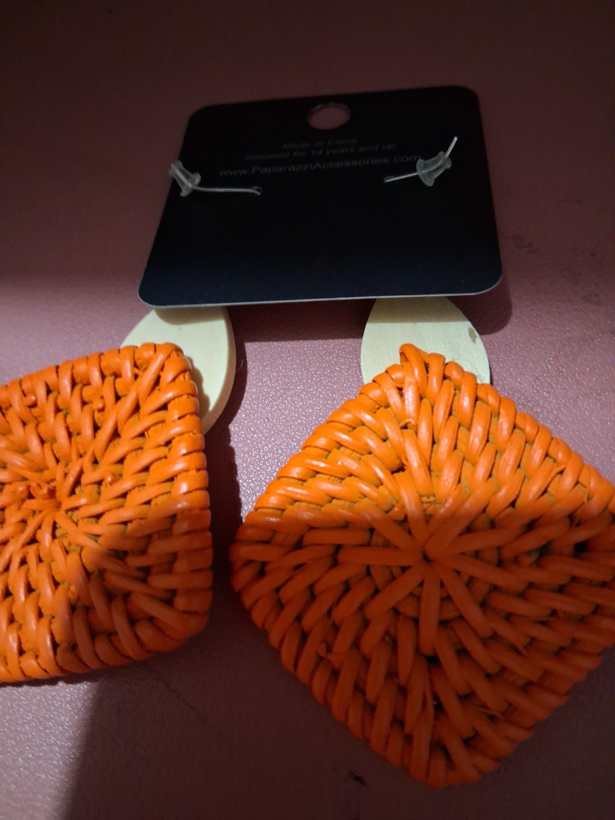 Paparazzi Orange & Beige Wicker Teardrop Dangle Earrings, Hook Closure