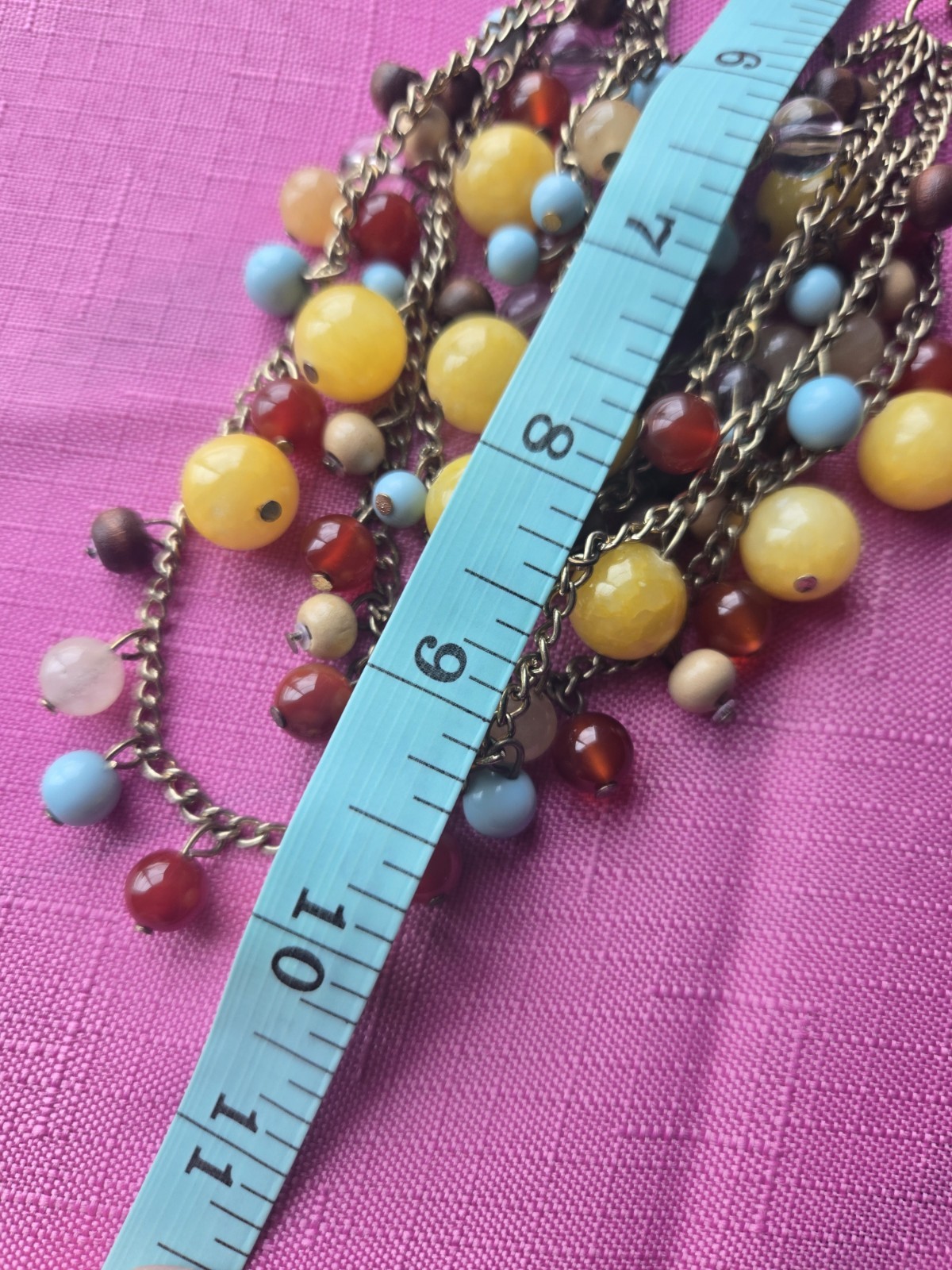 BLP Statement Bib Beaded Necklace Multi-Strand Yellow Red Blue Brown 19 in Cable