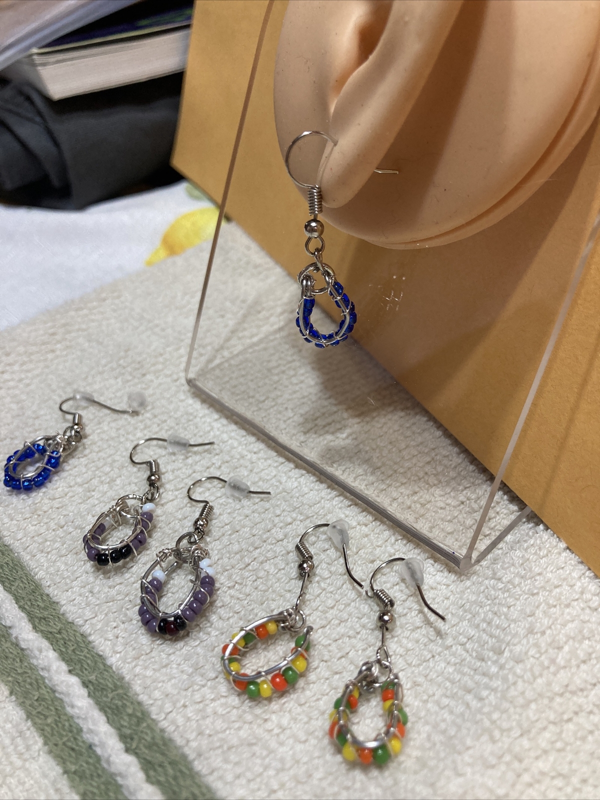 Lot Of 3 handmade beaded dangle earrings Blue, Purple, Orange-yellow-green.