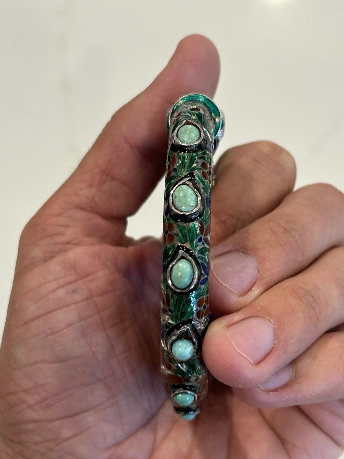 Vintage Indian Meenakari Sterling Enameled Elephant Head Bangle Turquoise AS IS