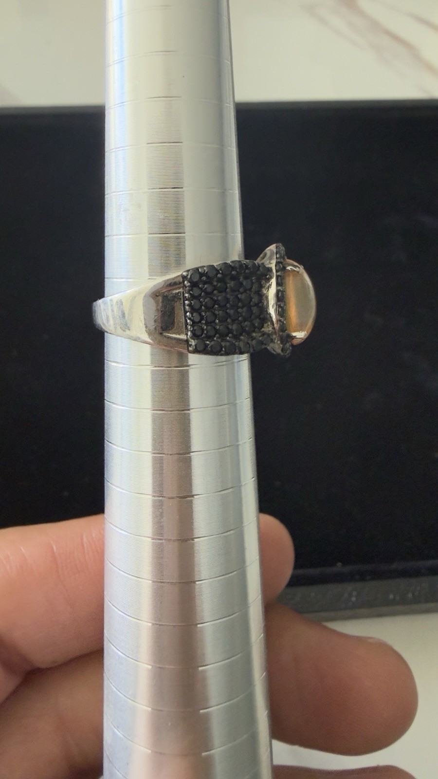 925 Ring With Oval Yellow Cabochon Stone And Black Diamond Or Onyx Stones Size 8