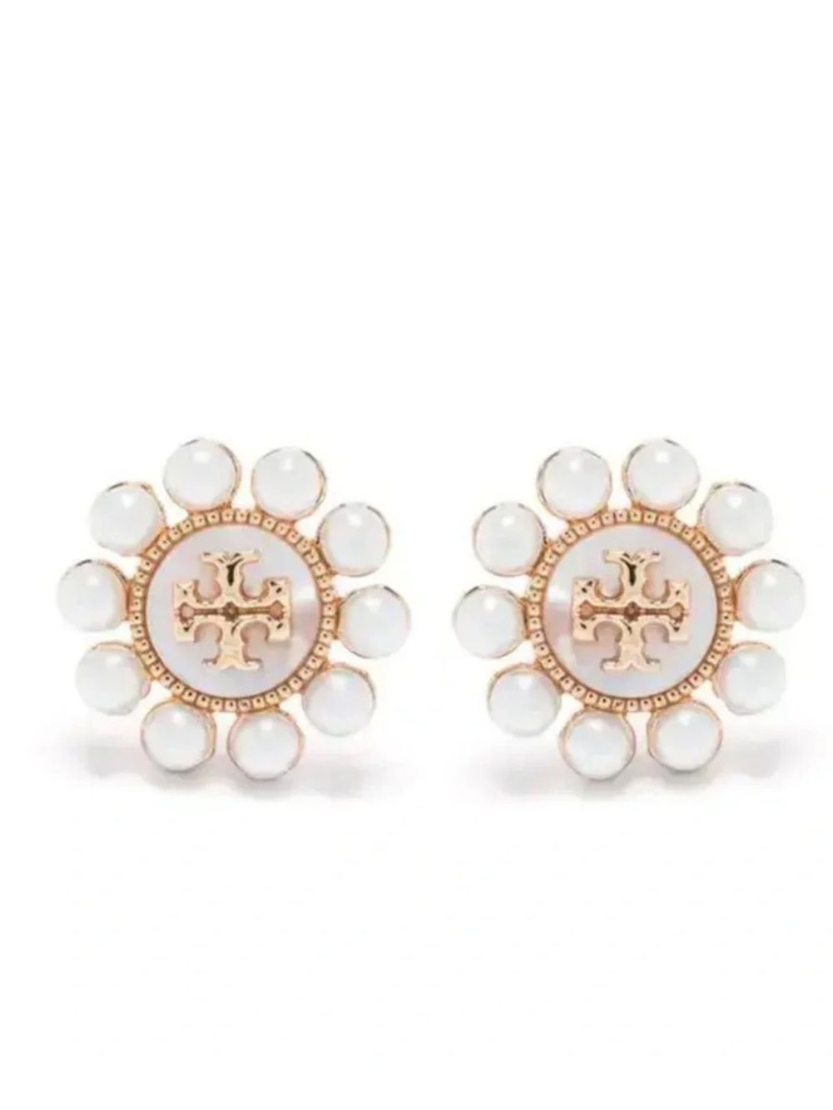 Tory Burch Gold Logo Pearl Halo Earrings with mother of pearl Center