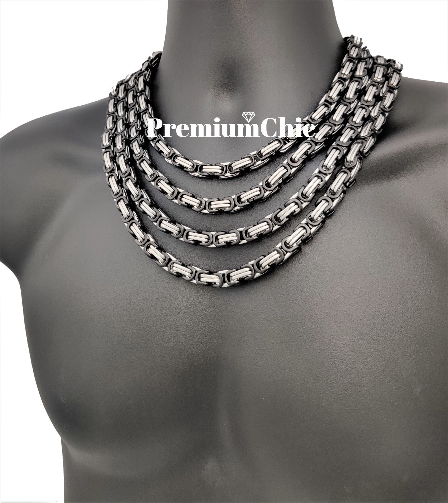 18″-30″ Stainless Steel 8MM Silver/Black Plated Byzantine Box Necklace Mens