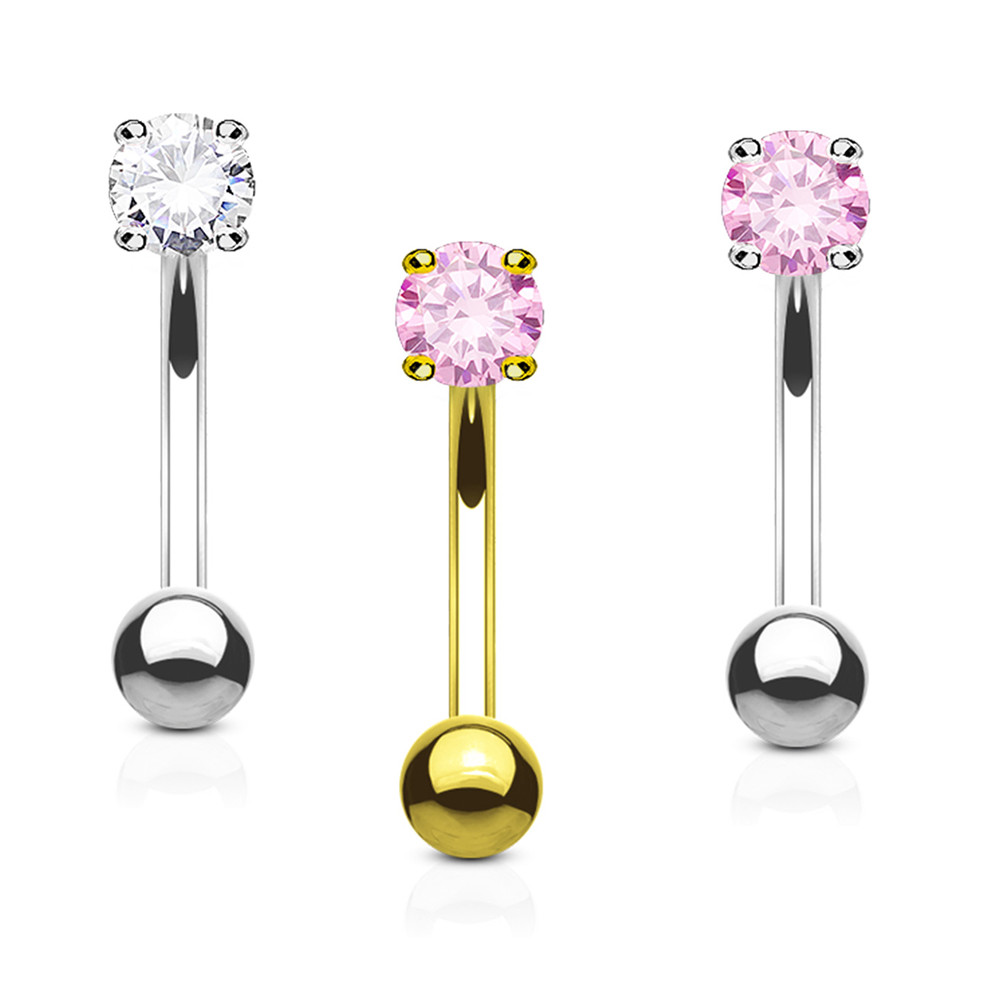 Eyebrow Ring Curved Barbell 14K Solid Gold with Prong Round Cubic Zirconia