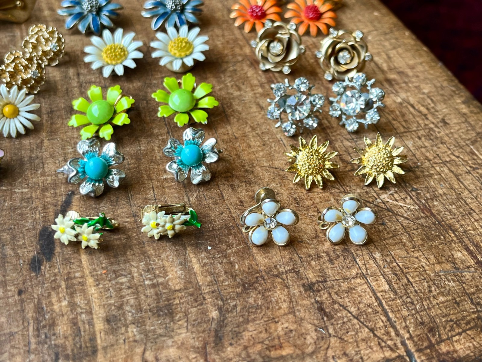 Huge Vintage Flower Earring Pairs Lot Enamel Rhinestone Coro Avon W Germany Etc.