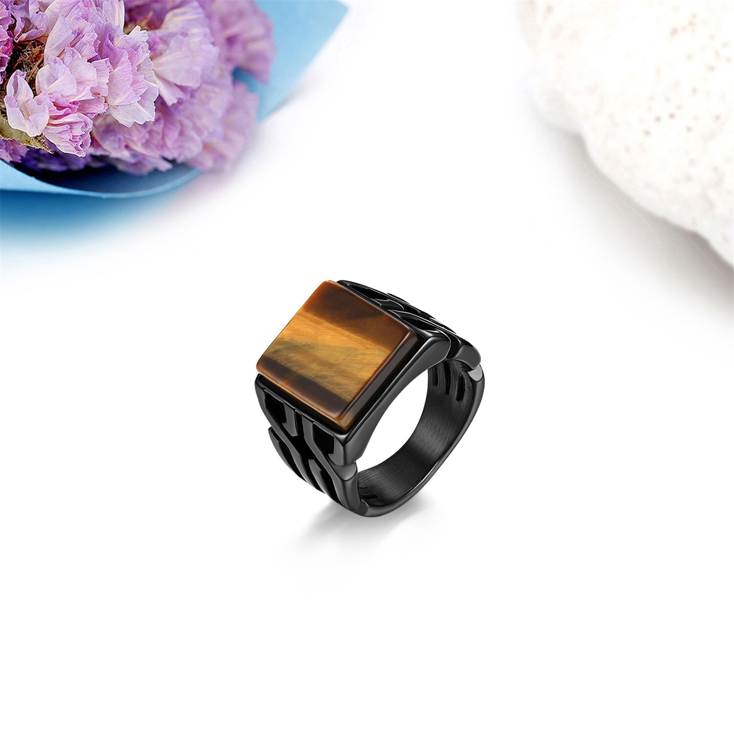 Men’s Retro Glossy Stainless Steel Tiger Eye Stone Patterned Band Ring Size 8-11