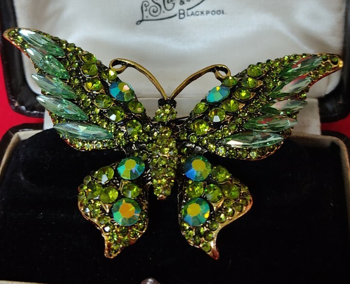 Vintage Style Large Green Crystal Butterfly Brooch Pin