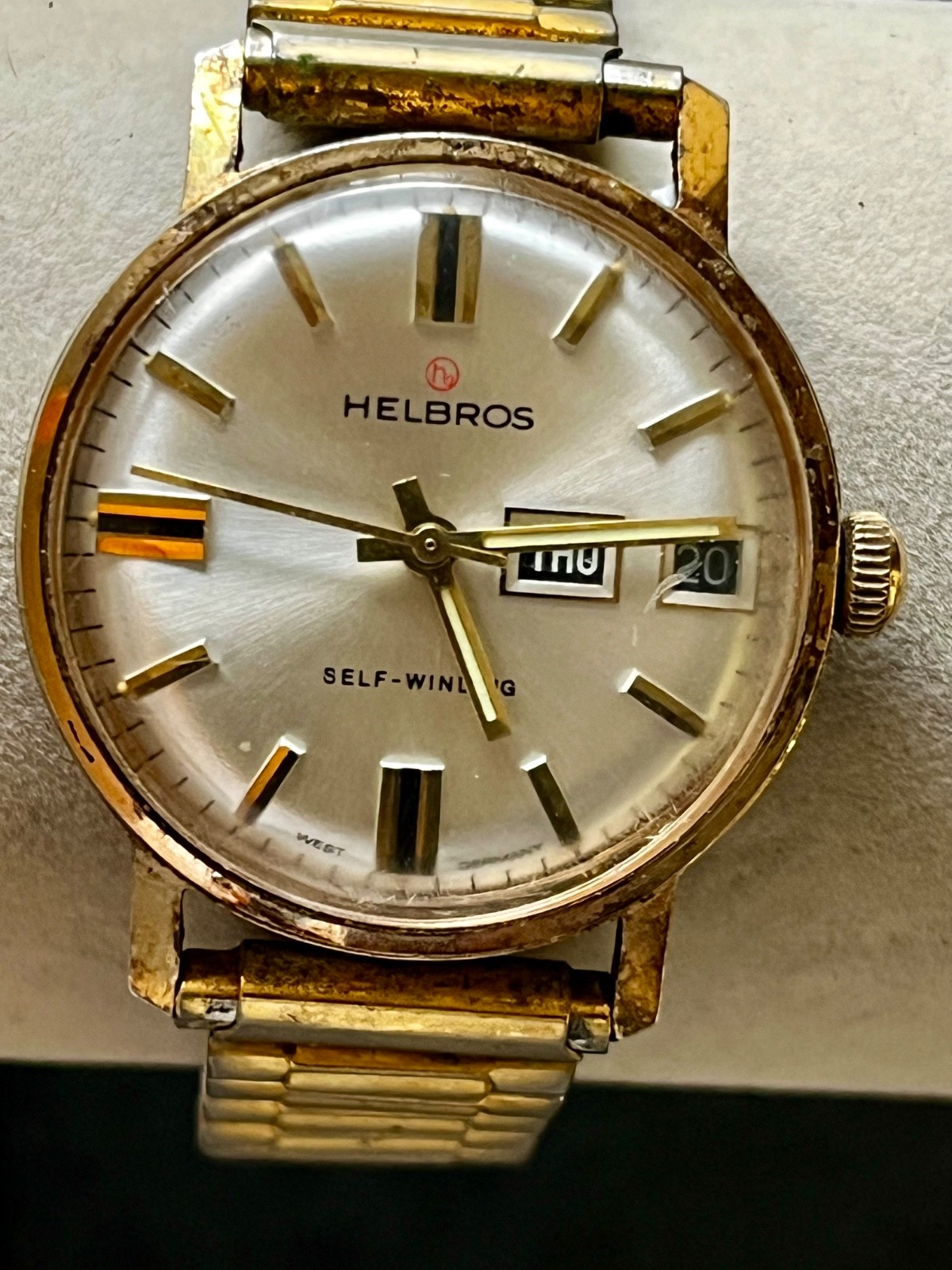 VINTAGE HELBROS WATCH AUTOMATIC DAY DATE SUNBURST GOLD PLATED MEN’S WEST GERMANY