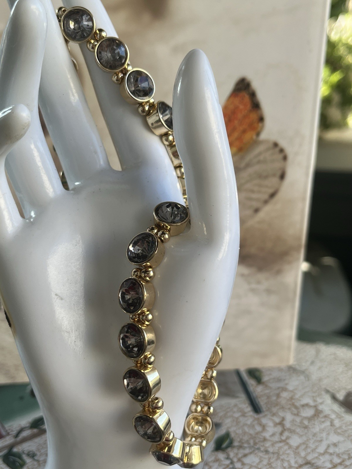 Two Stretch Bracelet Beaded Smoke Clear Gold Tone 7” Ish