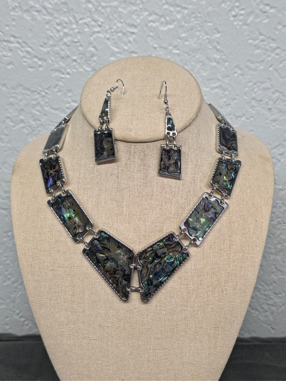 Artisan Abalone Shell Necklace Earring Set Silver Tone Rectangle Mosaic 16-18″
