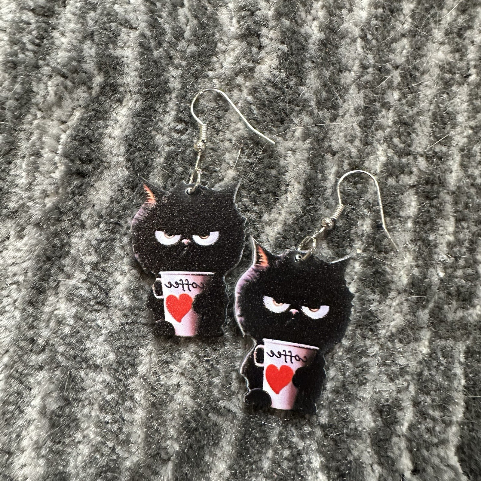 Black Cat Earrings Dangle Angry Kitten Coffee Cup Acrylic Mad Kitty Cat Lady New
