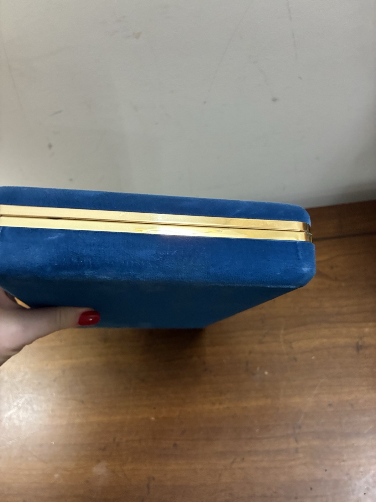 Vintage Mele Blue Velvet Hinged Clamshell Travel Jewelry Box 10×6.5” Mirror EUC