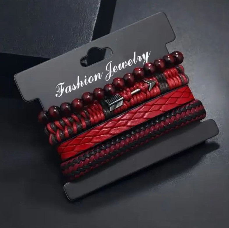 4 pcs Vintage Men’s Leather Bracelet Wooden Beads Cupid Arrow Hand Woven