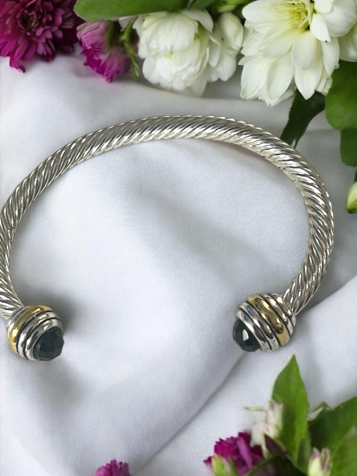 Silver Tone Twisted Open Cuff Bracelet with Black Faceted Stone Ends