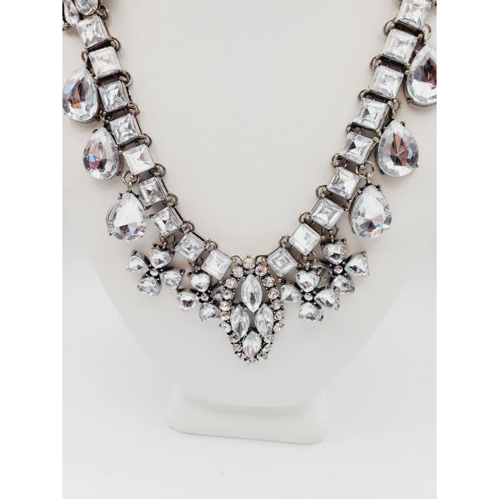 Statement silver tone Rhinestone flower square tear drop pear Necklace 18″